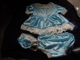 blue satin dress, panties, bonnet